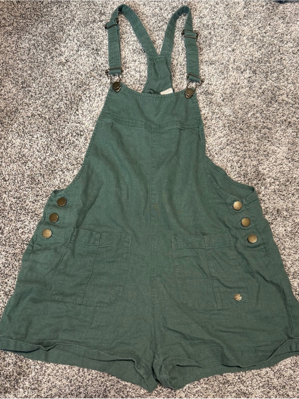 Roxy Green Linen-Blend Shortalls Overalls with Button Details